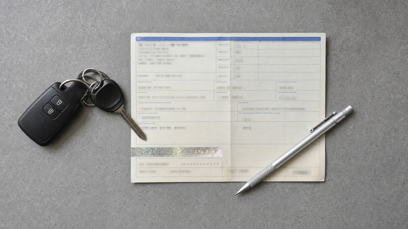 Gros plan sur un certificat d'immatriculation français posé sur un bureau avec des clés de voiture