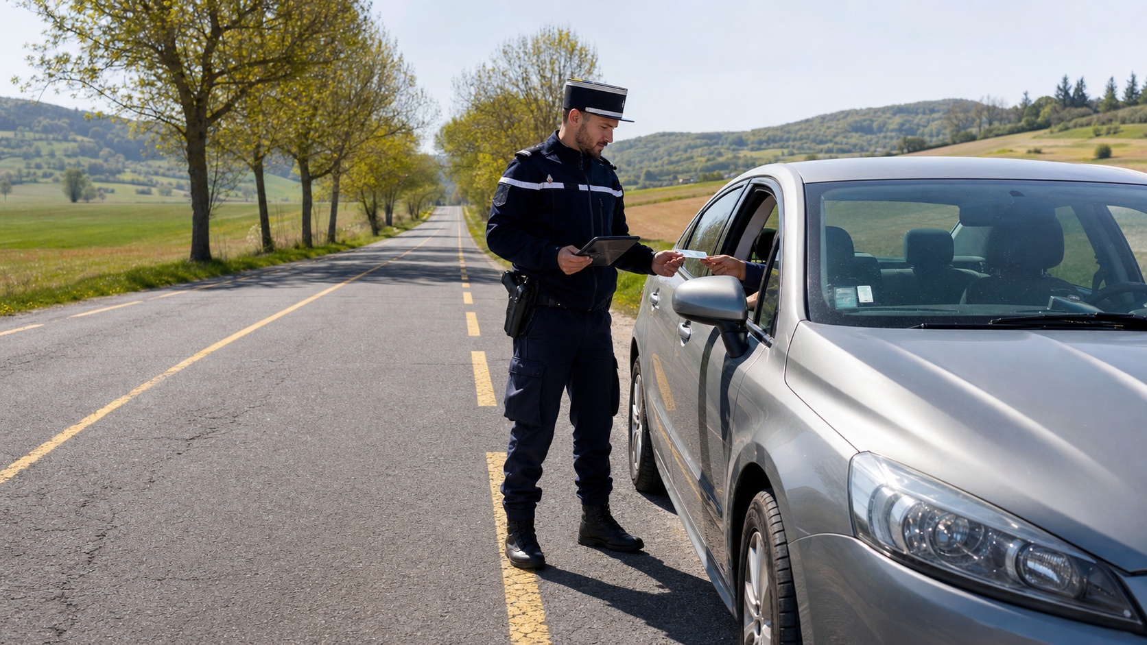 Gendarme contrôlant les documents d'un conducteur sur une route nationale française