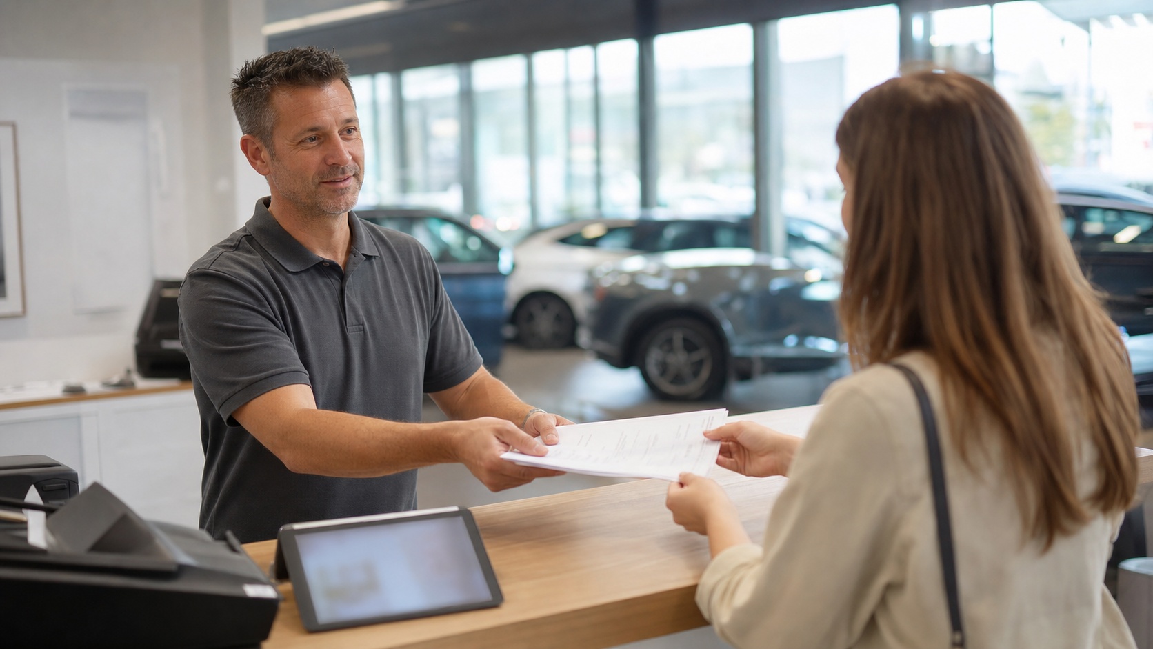 Particulier heureux tenant sa nouvelle carte grise française devant sa voiture dans un parking