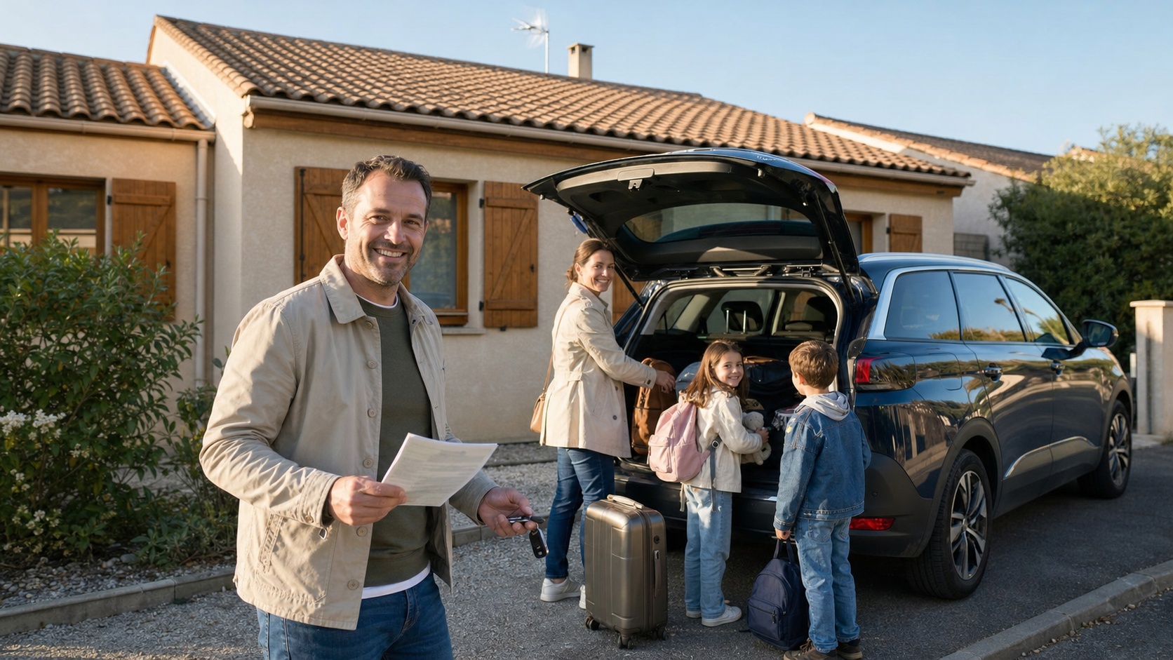 Famille souriante chargeant leur voiture devant leur maison après finalisation de la carte grise