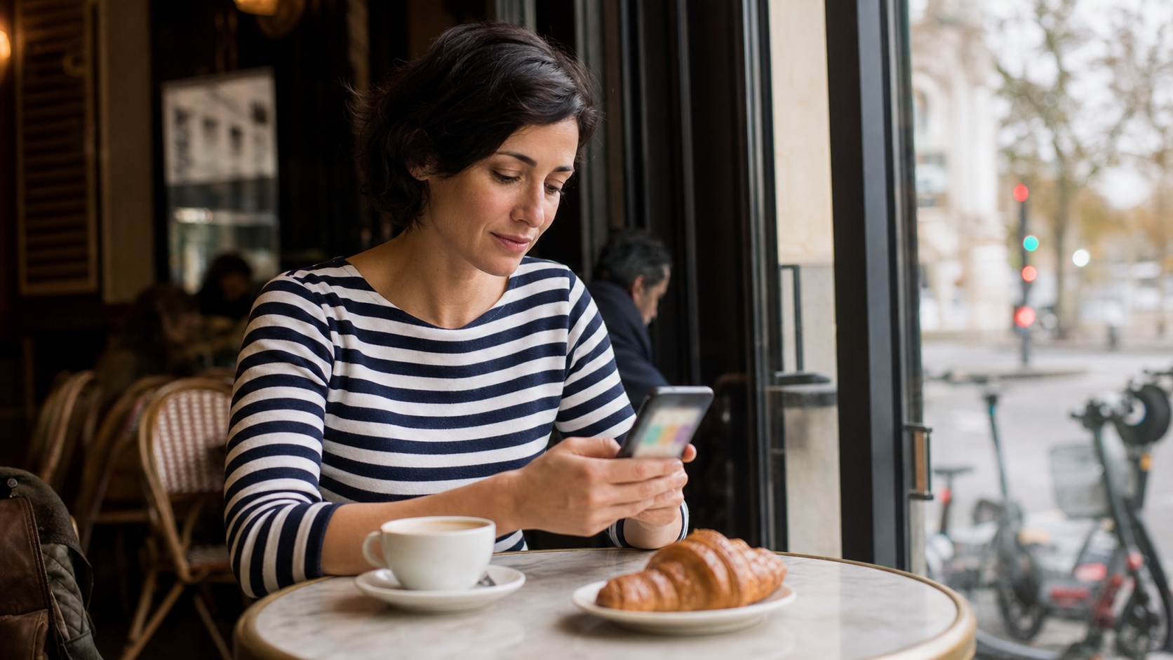 Personne comparant des offres d'assurance trottinette électrique sur un smartphone dans un café parisien