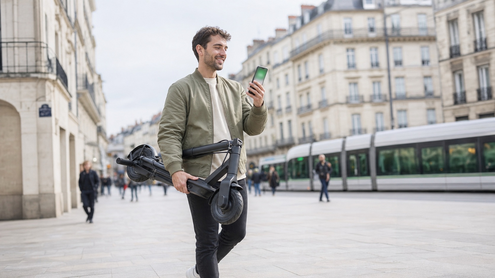Conducteur souriant avec son attestation d'assurance trottinette électrique sur smartphone, en centre-ville de Nantes