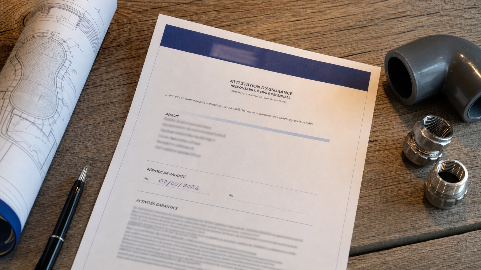 Gros plan sur une attestation d'assurance décennale posée sur un bureau avec un stylo et des plans de piscine