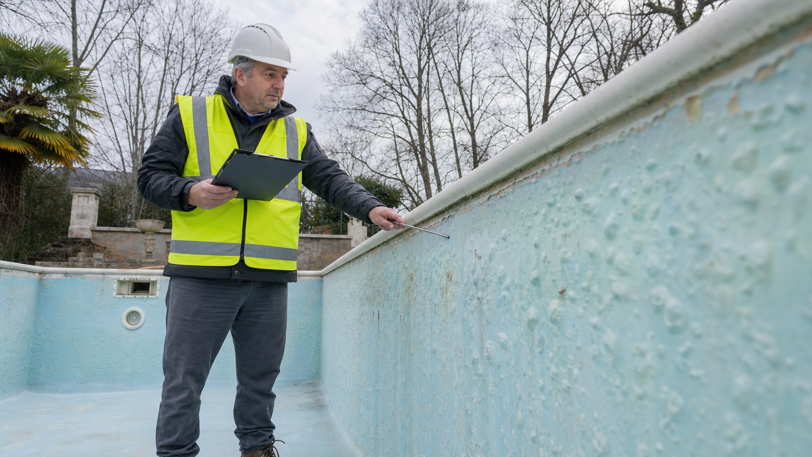 Expert en bâtiment inspectant une piscine à coque avec fissure visible dans un jardin français en hiver