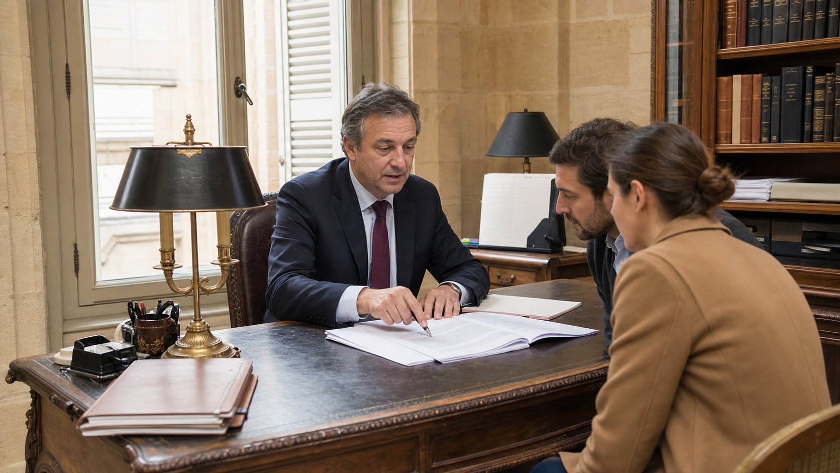 Notaire et propriétaire examinant l'attestation d'assurance dommage ouvrage lors d'une transaction immobilière