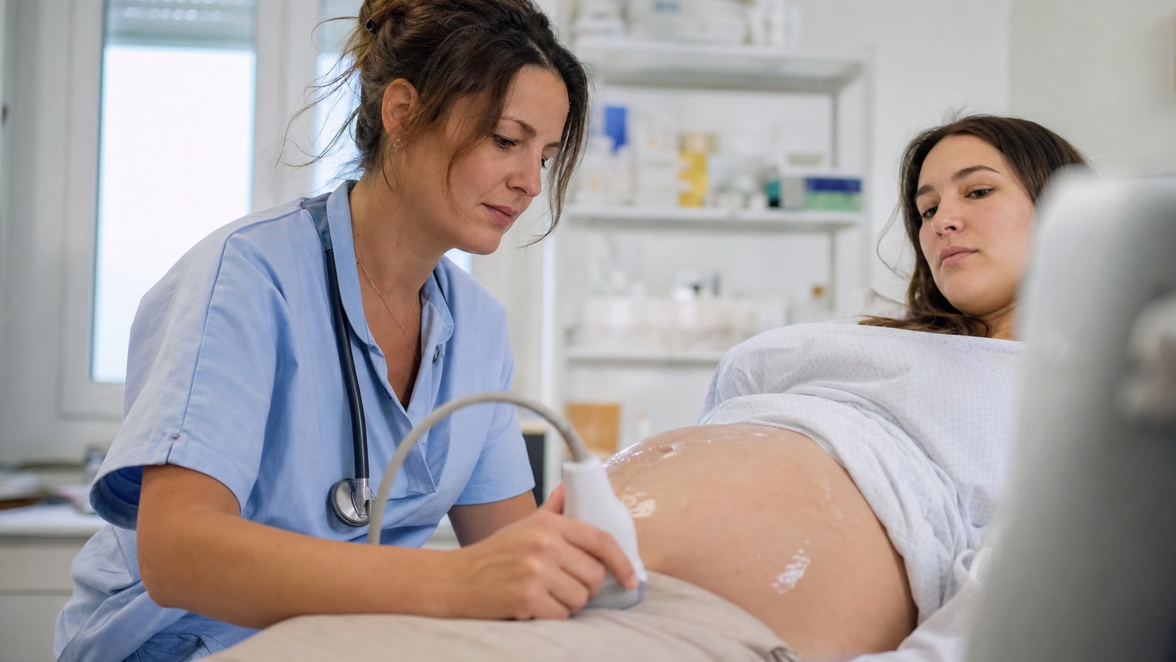 Sage-femme libérale en consultation prénatale avec une patiente enceinte dans son cabinet