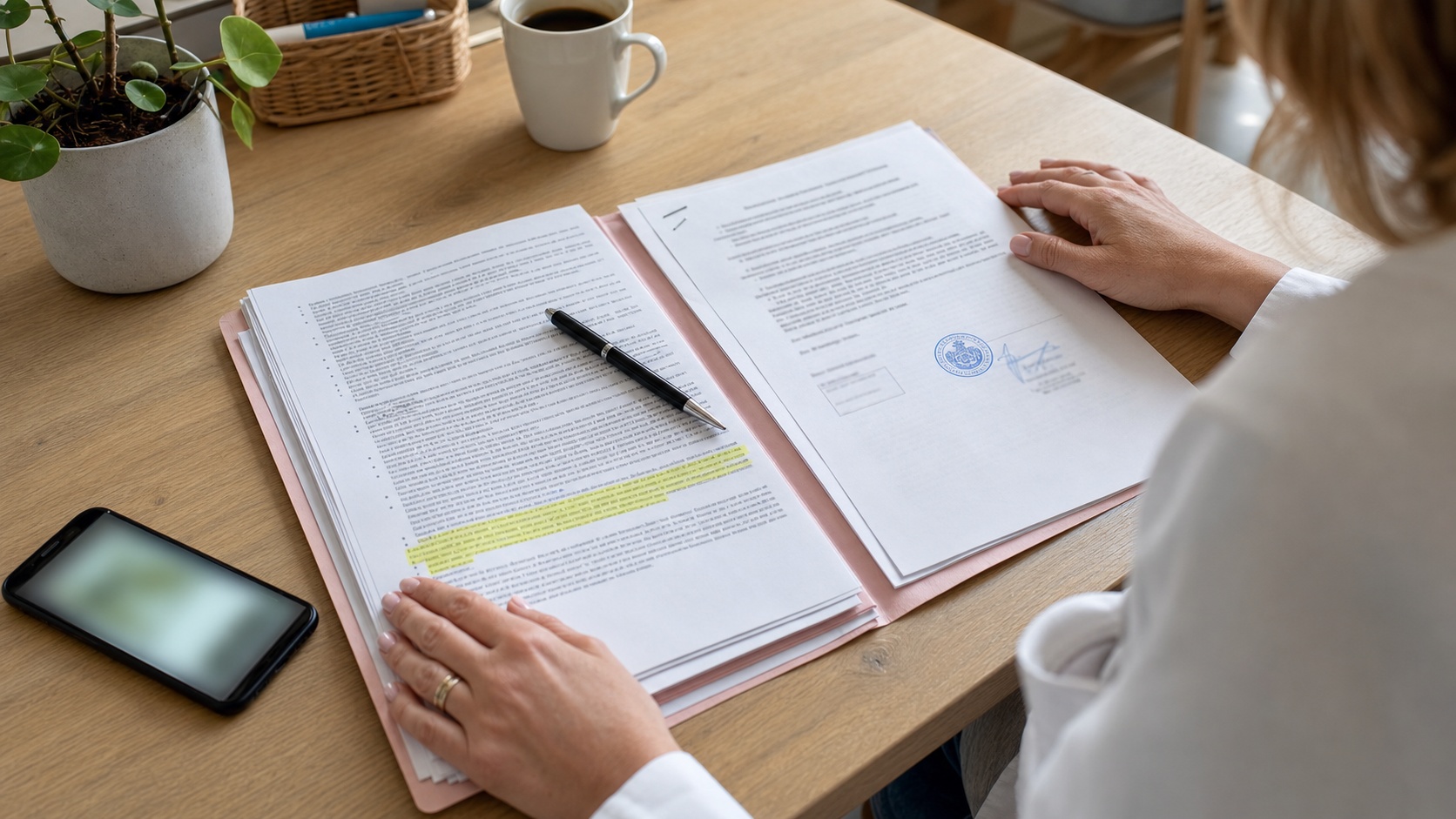 Contrat de prévoyance TNS ouvert sur le bureau d'un cabinet de sage-femme libérale, avec stylo et documents