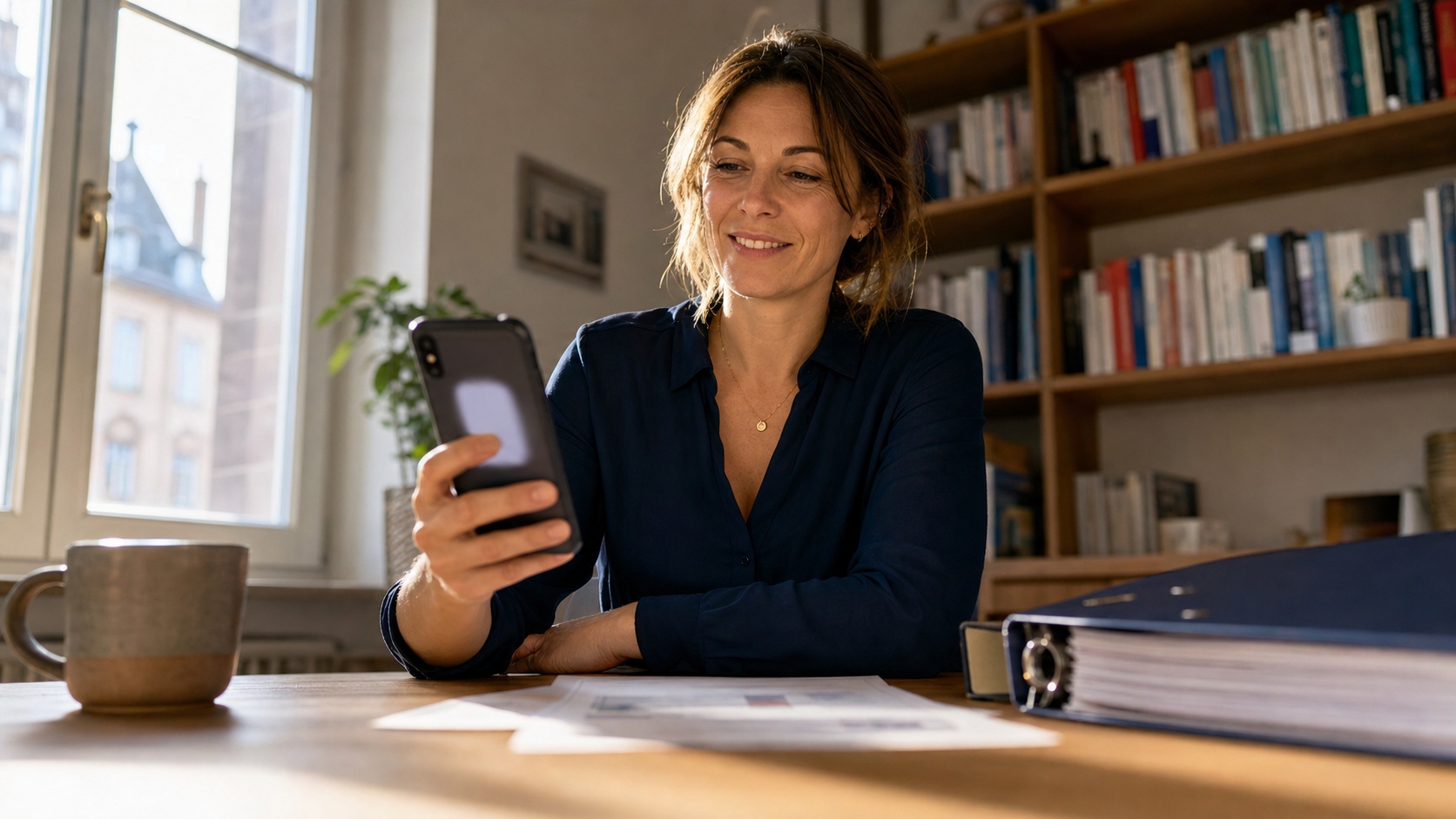 Sage-femme consultant son contrat de prévoyance TNS sur smartphone dans son cabinet lumineux