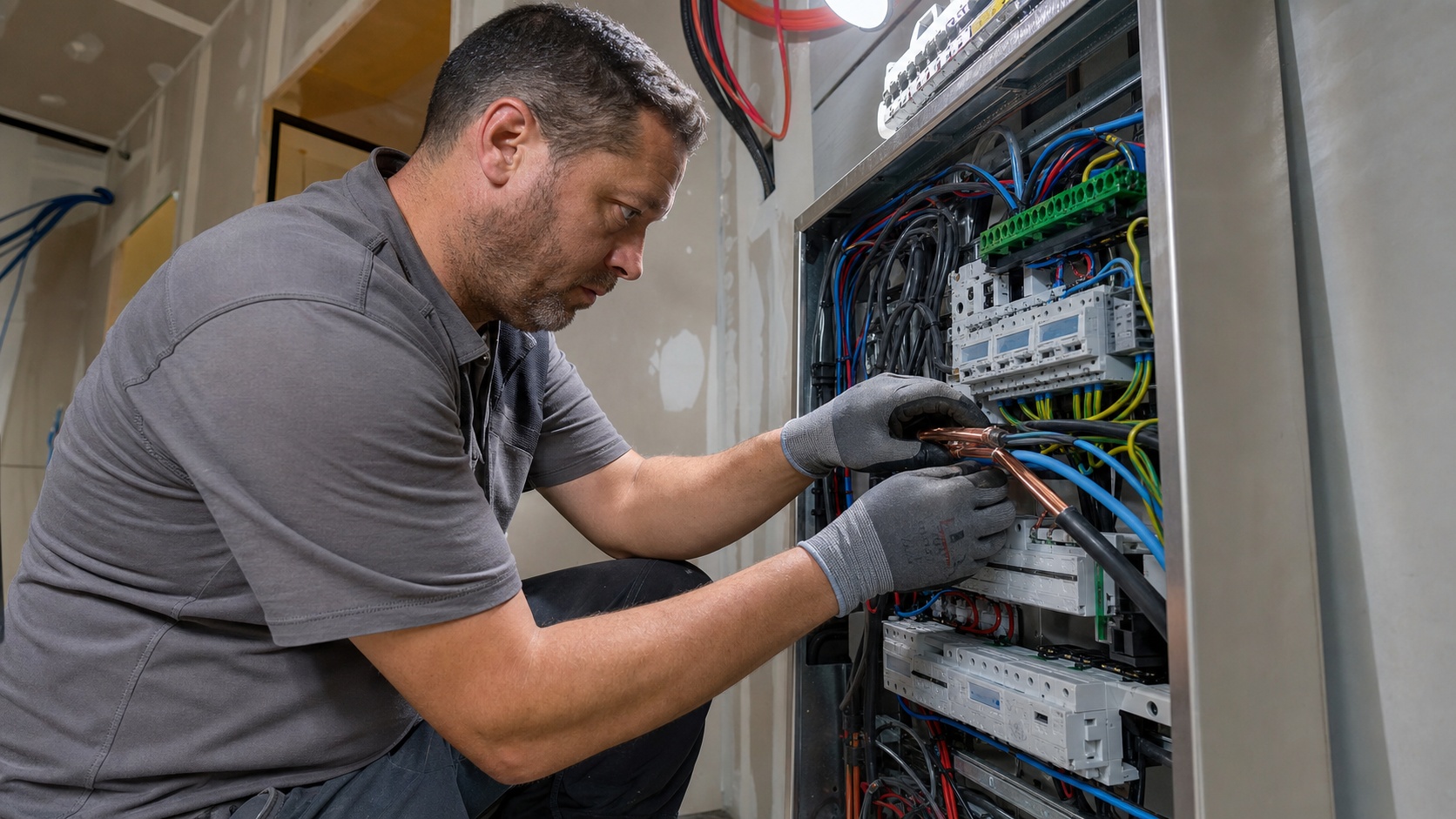 Électricien sur un chantier résidentiel effectuant le câblage d'un tableau électrique