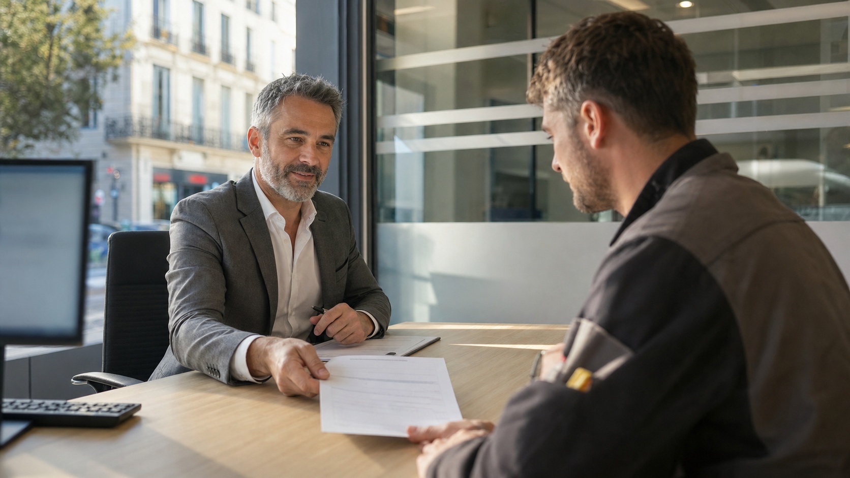 Courtier en assurance remettant une attestation décennale à un électricien artisan dans un bureau moderne