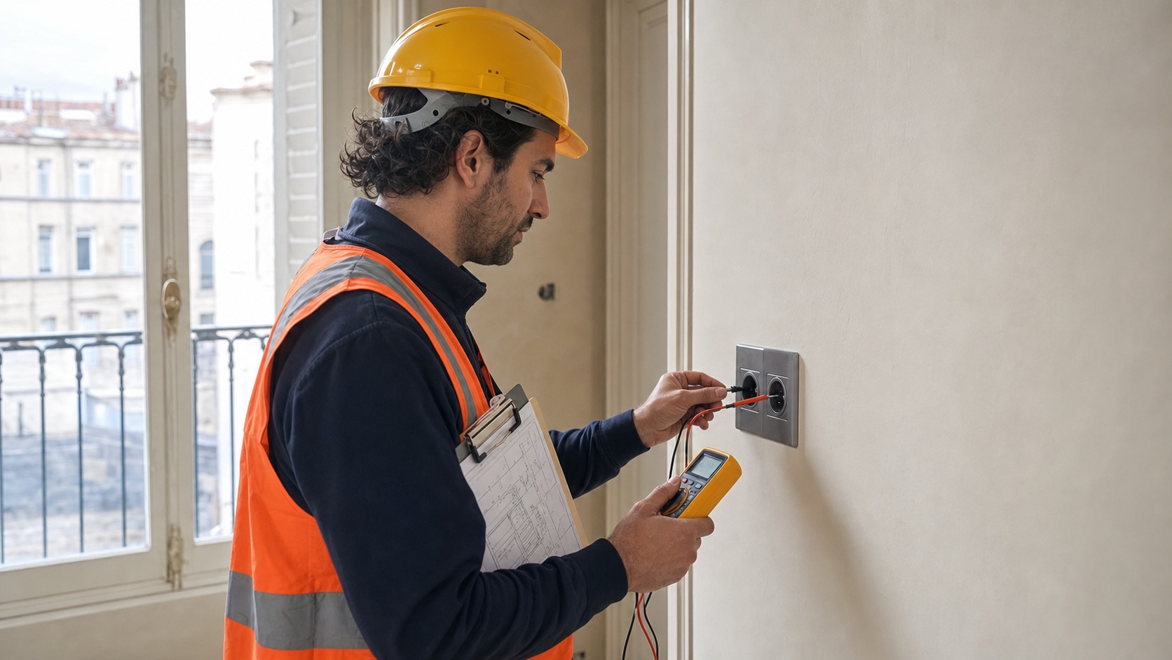 Inspecteur vérifiant la conformité d'une installation électrique lors d'un contrôle de chantier