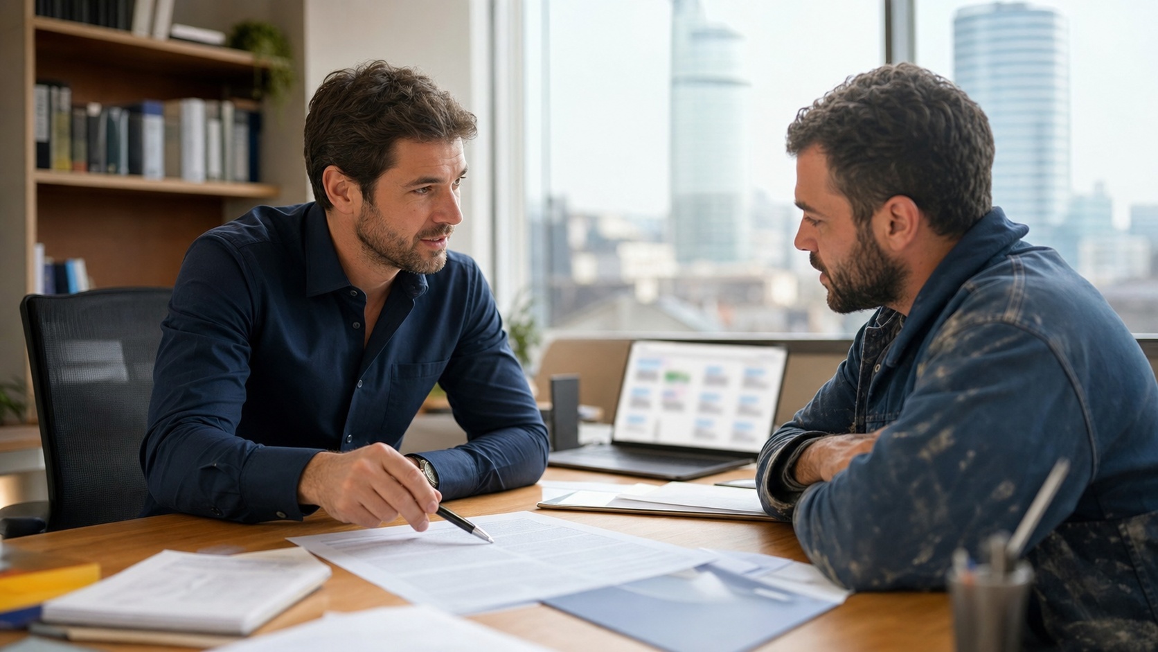 Artisan maçon signant un contrat d'assurance décennale avec un courtier dans un bureau professionnel à Lyon