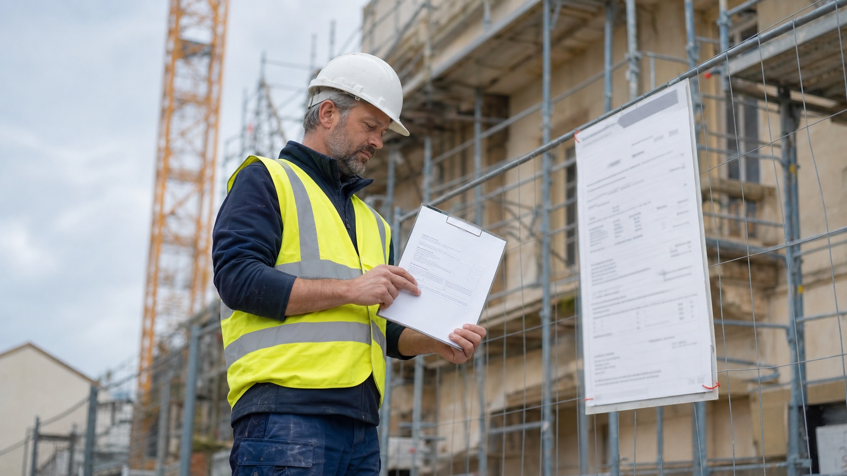 Inspecteur vérifiant une attestation d'assurance décennale BTP sur un chantier de maçonnerie en Provence