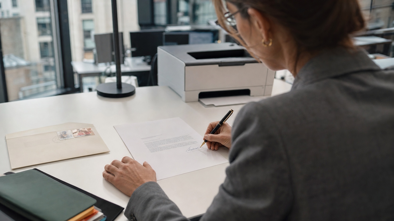 Professionnel signant une lettre de résiliation d'assurance dans un bureau