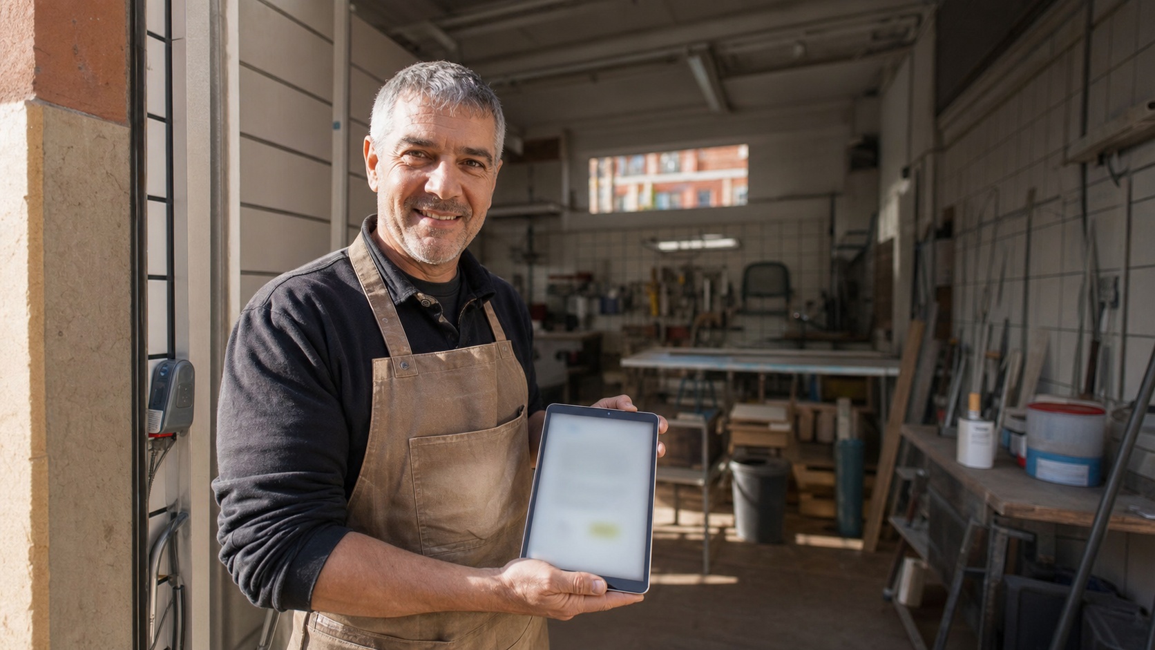 Chef d'entreprise satisfait après avoir souscrit une nouvelle assurance professionnelle