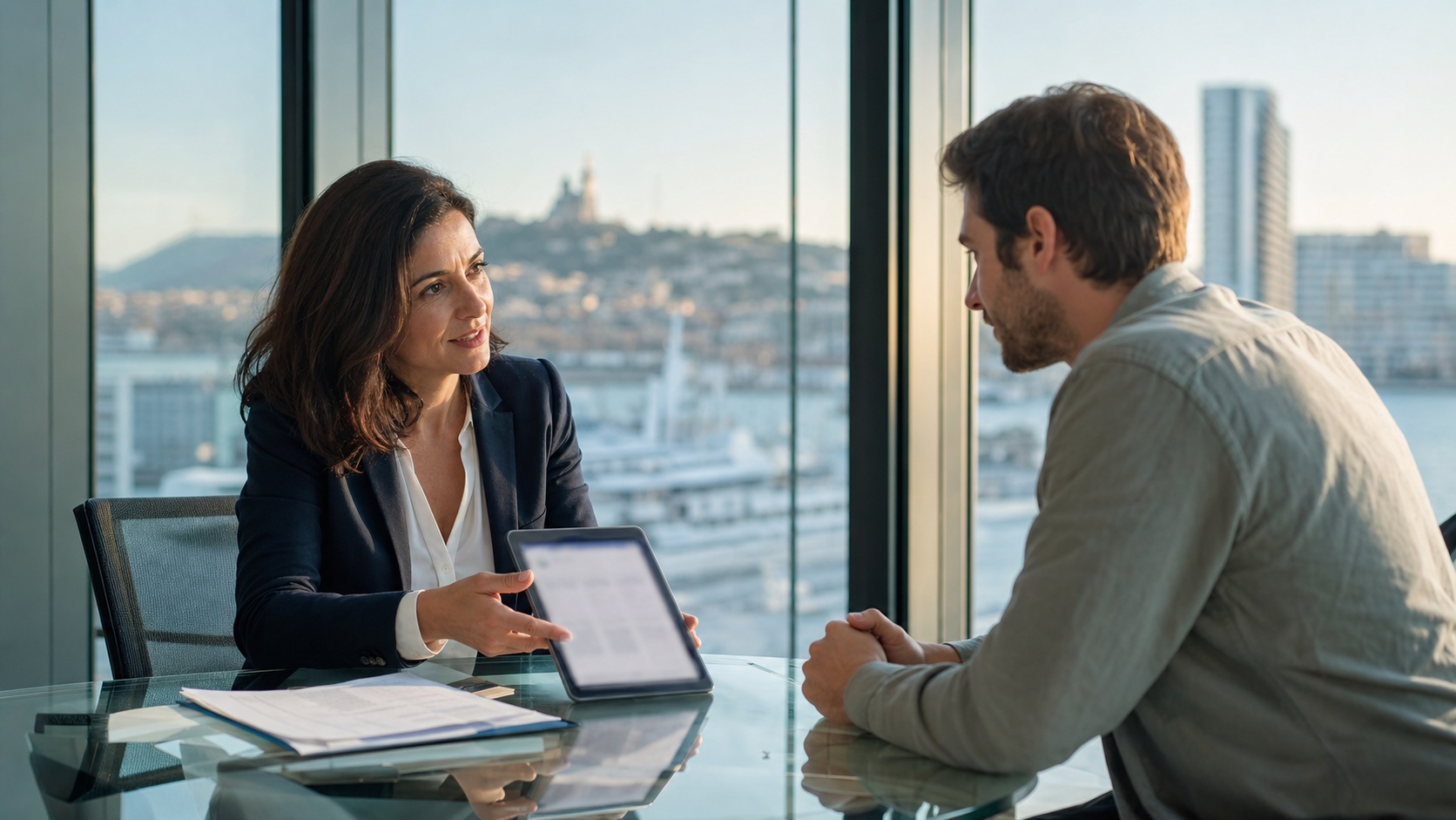Conseiller Revital Assurances expliquant un contrat d'assurance EDPM à un client sur tablette dans un bureau vitré à Marseille
