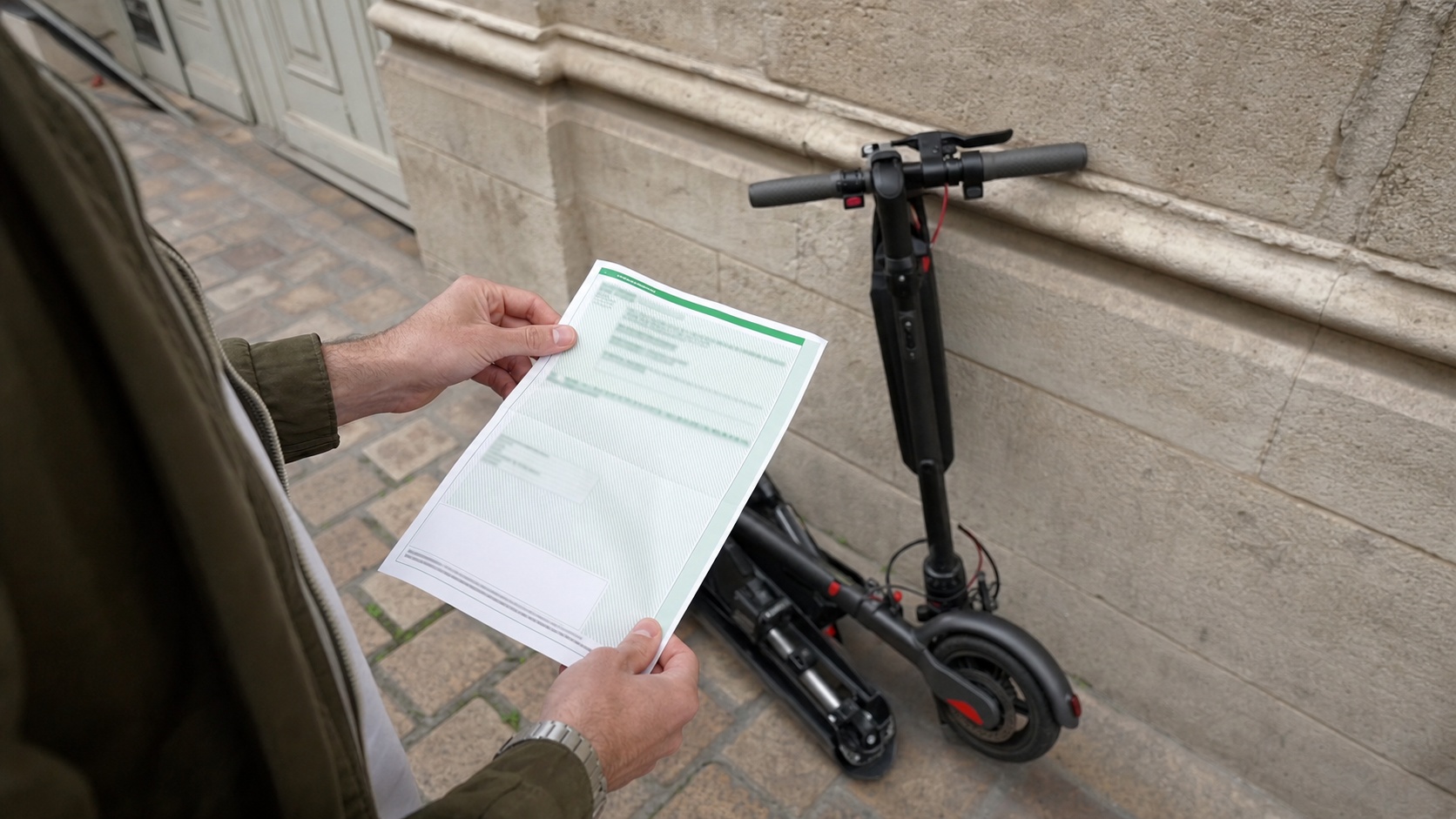 Famille souriante devant leur immeuble à Nantes, dont le fils adolescent tient une trottinette électrique assurée, lumière de fin d'après-midi