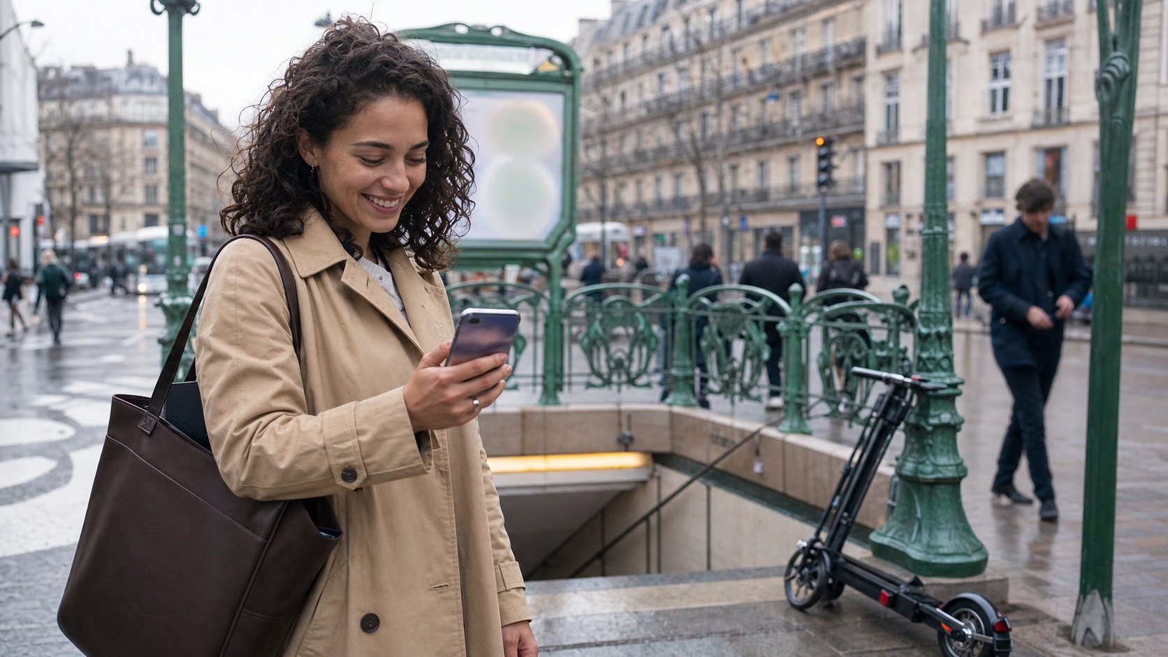 Jeune professionnelle satisfaite consultant son attestation d'assurance trottinette sur smartphone devant une station de métro à Paris