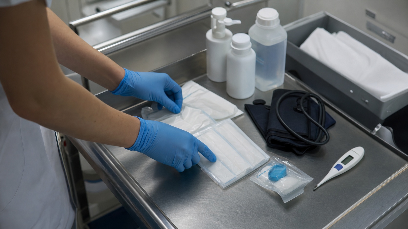 Matériel de soins: gants, tensiomètre et trousse posés sur une table de soins à domicile