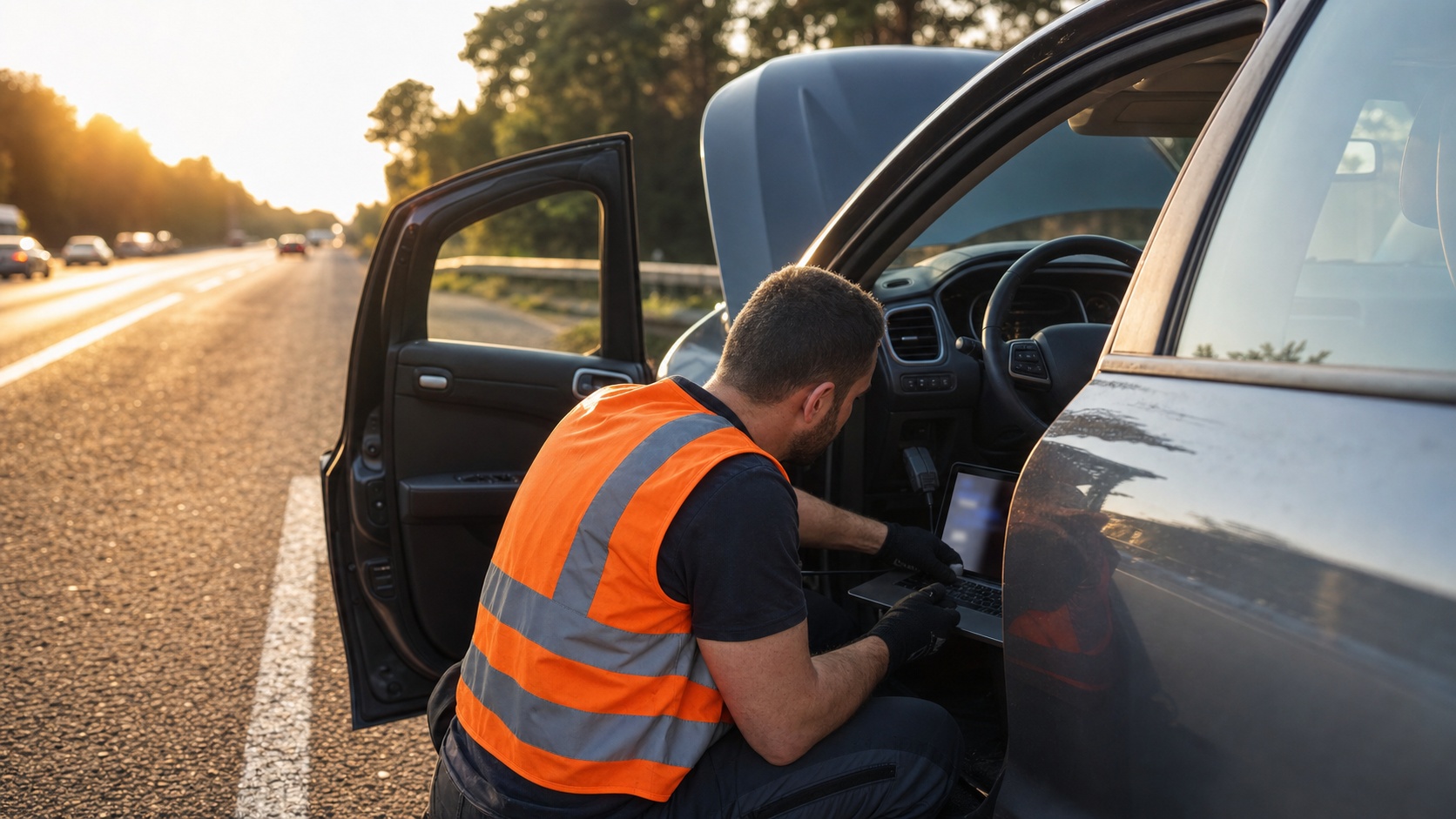 Technicien électronique embarquée travaillant sur un boîtier ECU dans un atelier automobile