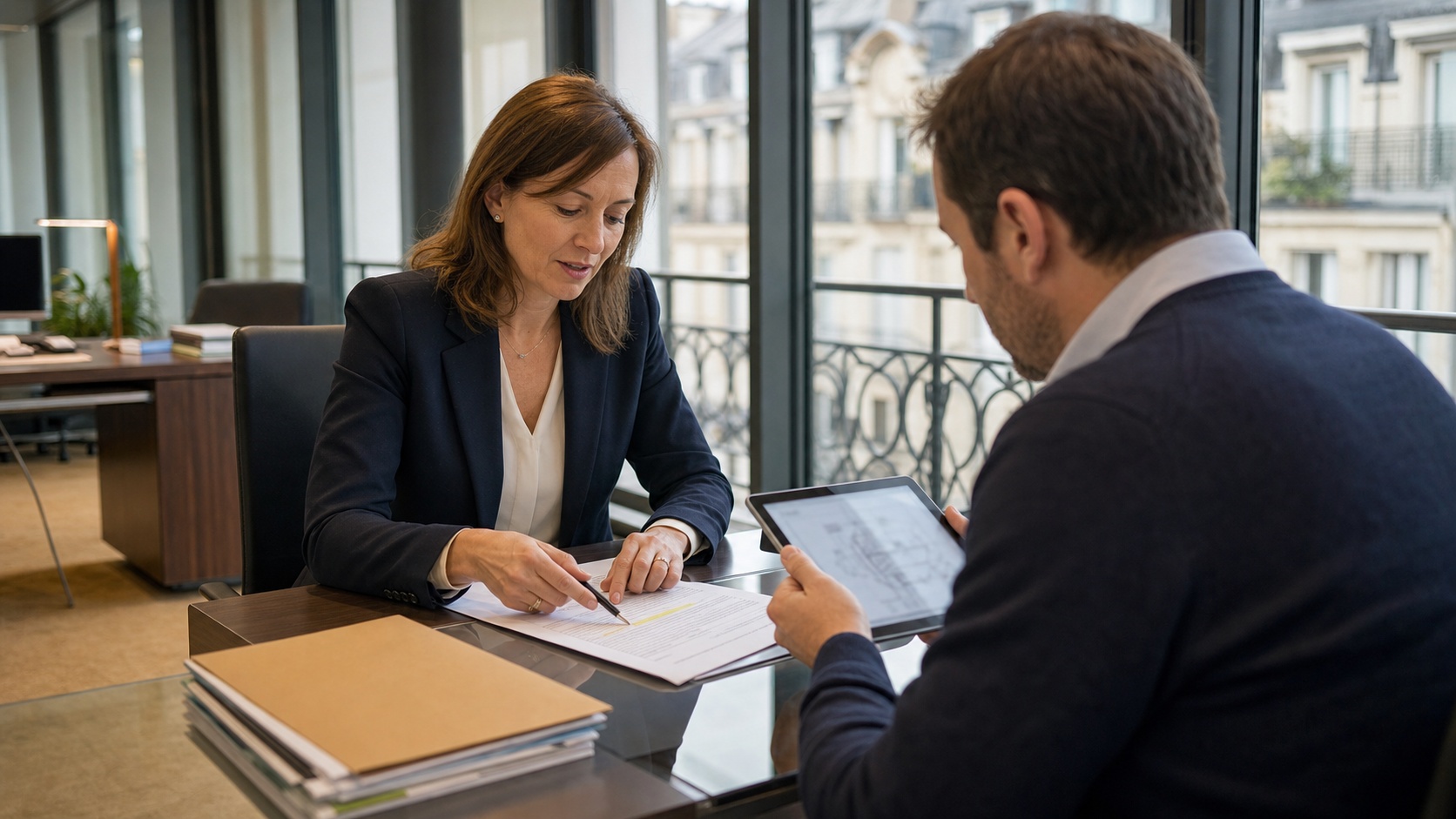 Conseiller Revital Assurances présentant une attestation RC Pro à un ingénieur embarqué dans un bureau moderne
