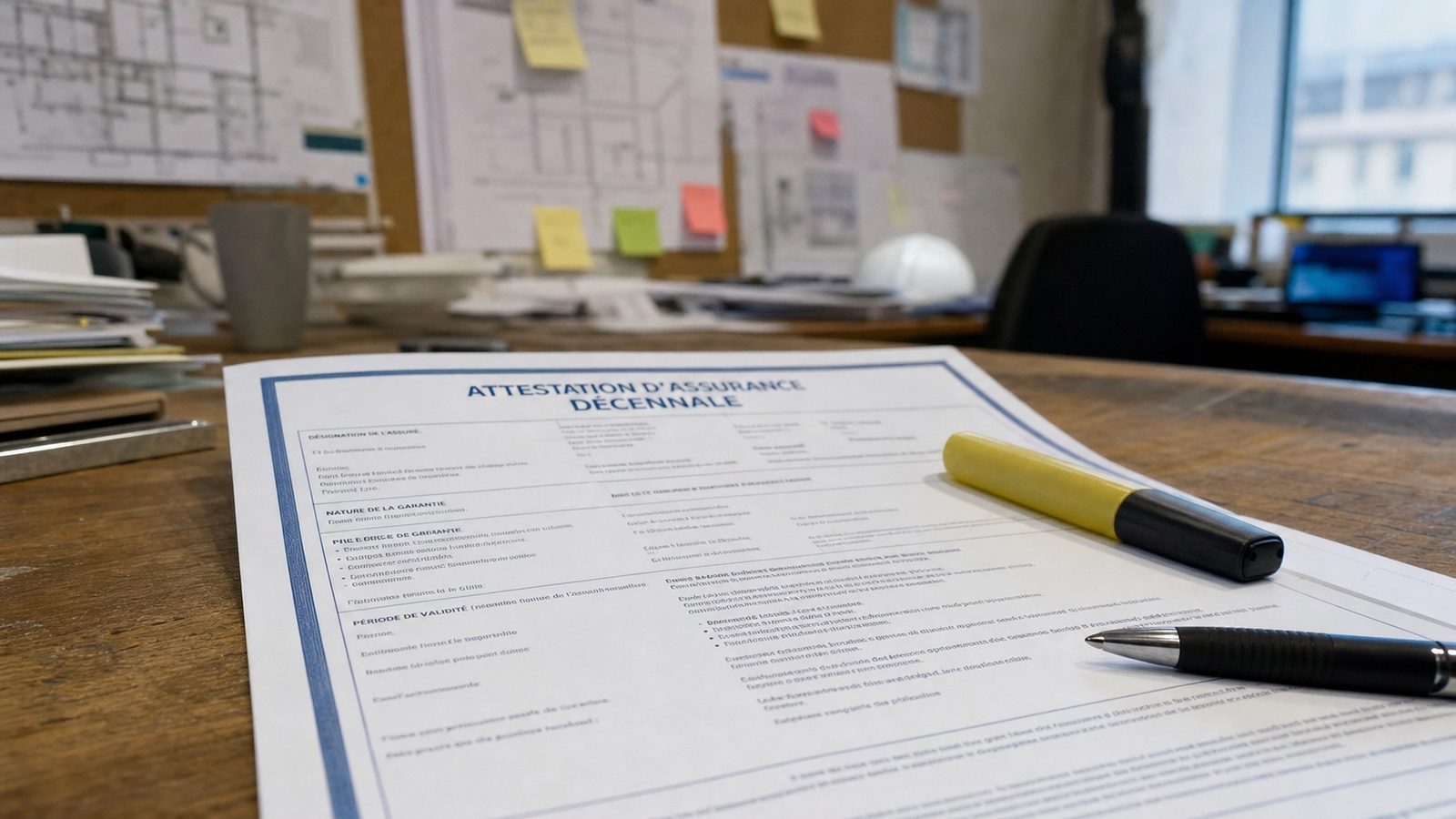 Gros plan sur une attestation d'assurance décennale avec les mentions obligatoires en évidence