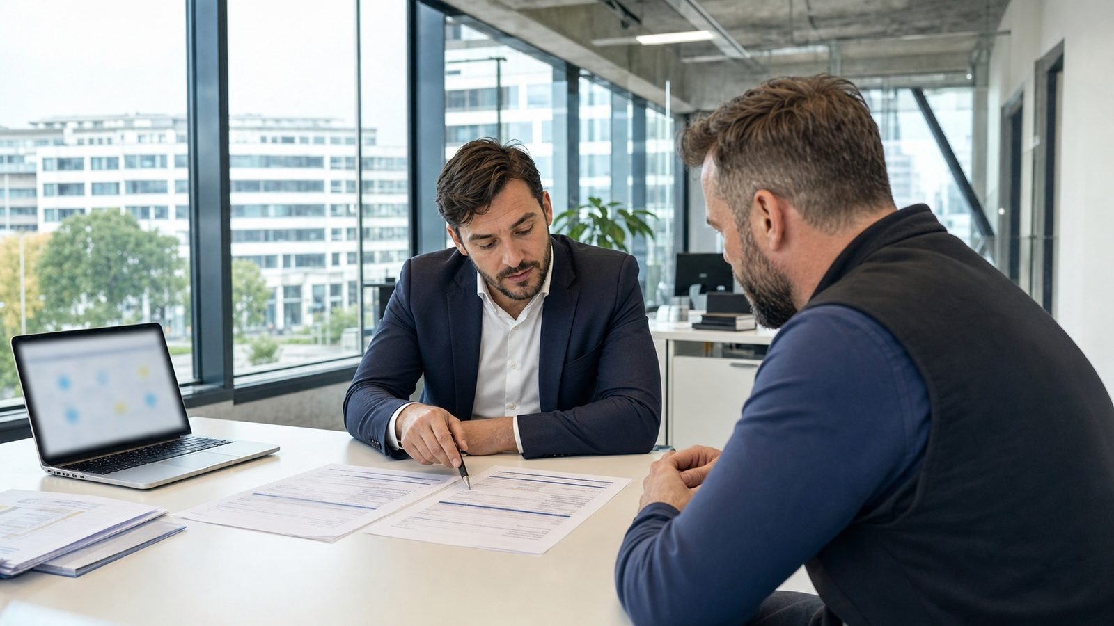 Inspecteur vérifiant la conformité d'une attestation décennale sur un chantier de construction