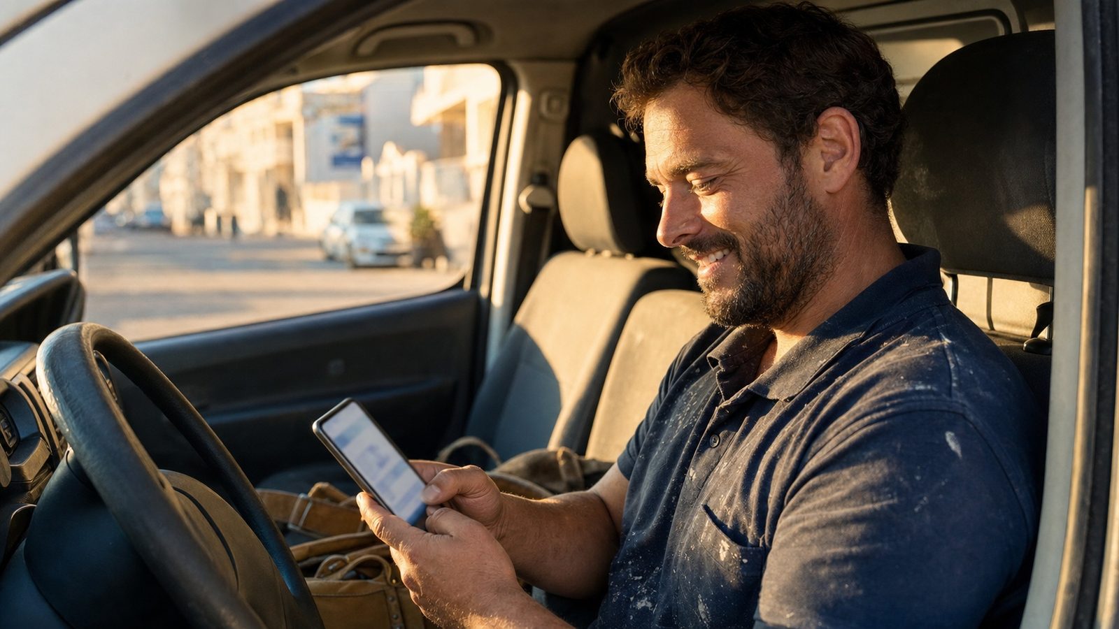 Artisan BTP souriant consultant son attestation décennale sur smartphone après souscription en ligne