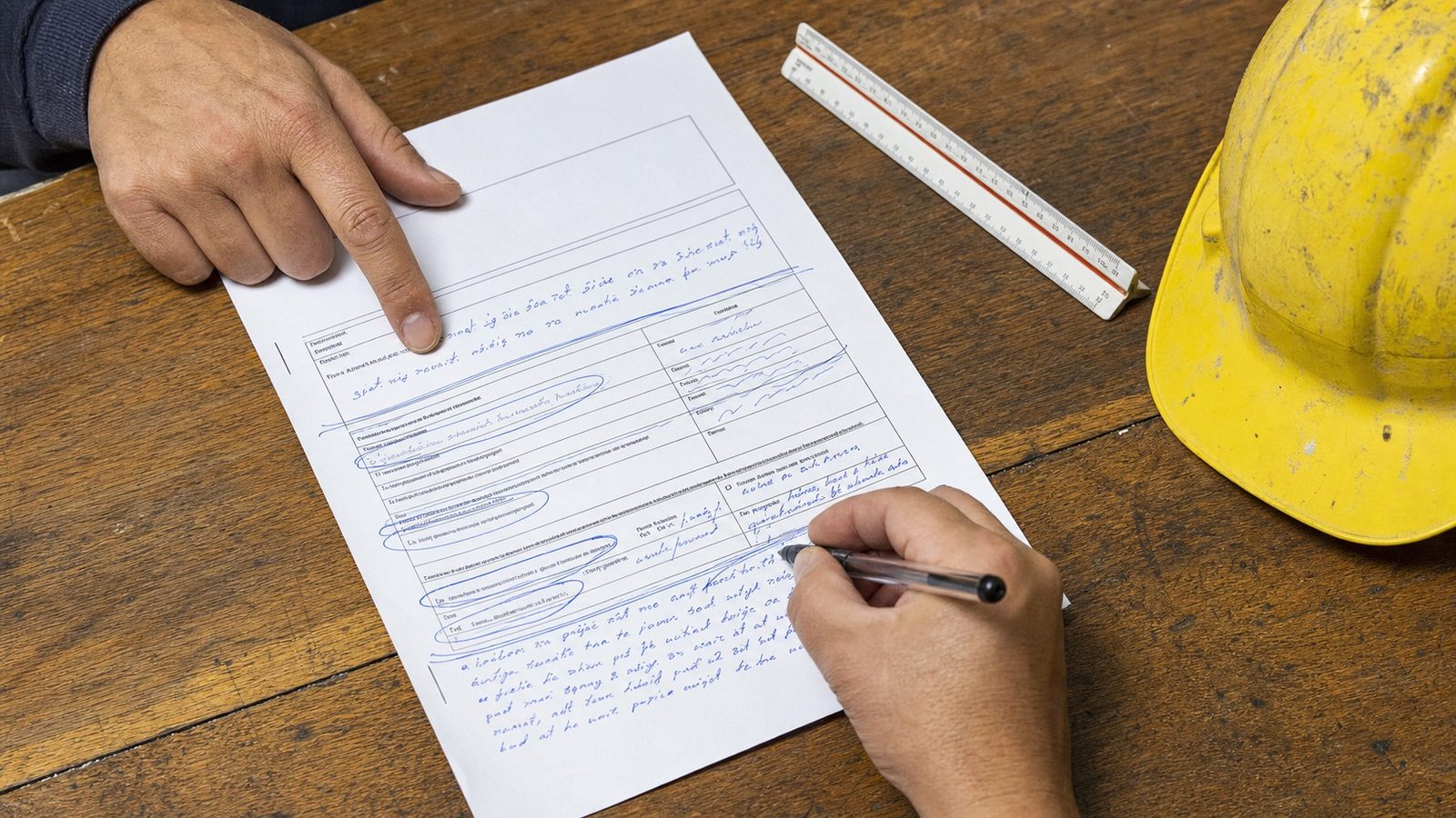 Gros plan sur un procès-verbal de réception de travaux avec réserves annotées, stylo posé sur le document, bureau d'un artisan BTP