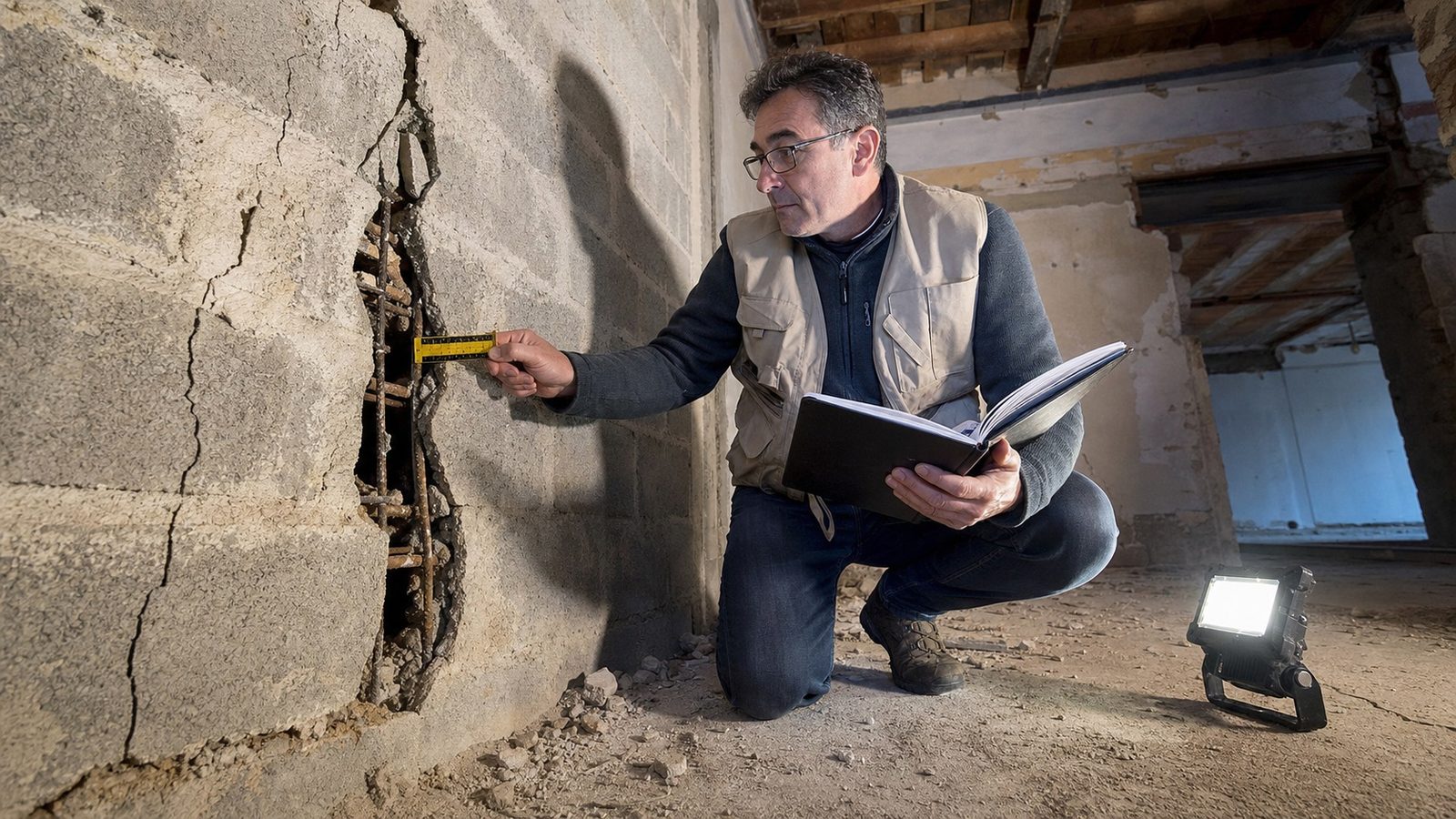 Expert en bâtiment inspectant une fissure structurelle sur un mur porteur lors d'un sinistre décennal, carnet de notes à la main