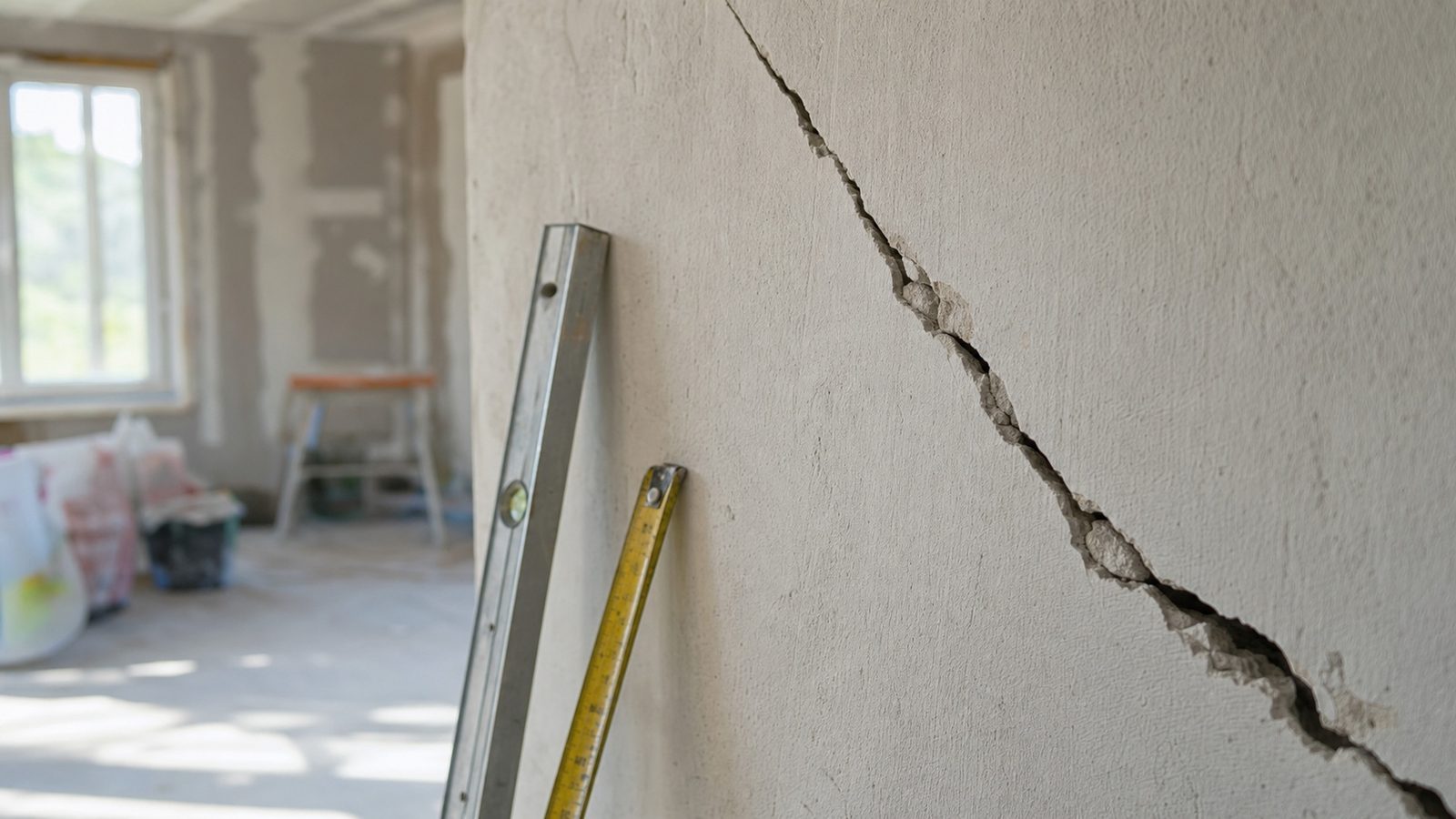 Artisan BTP constatant des fissures structurelles sur une maison après des travaux non couverts par la garantie décennale