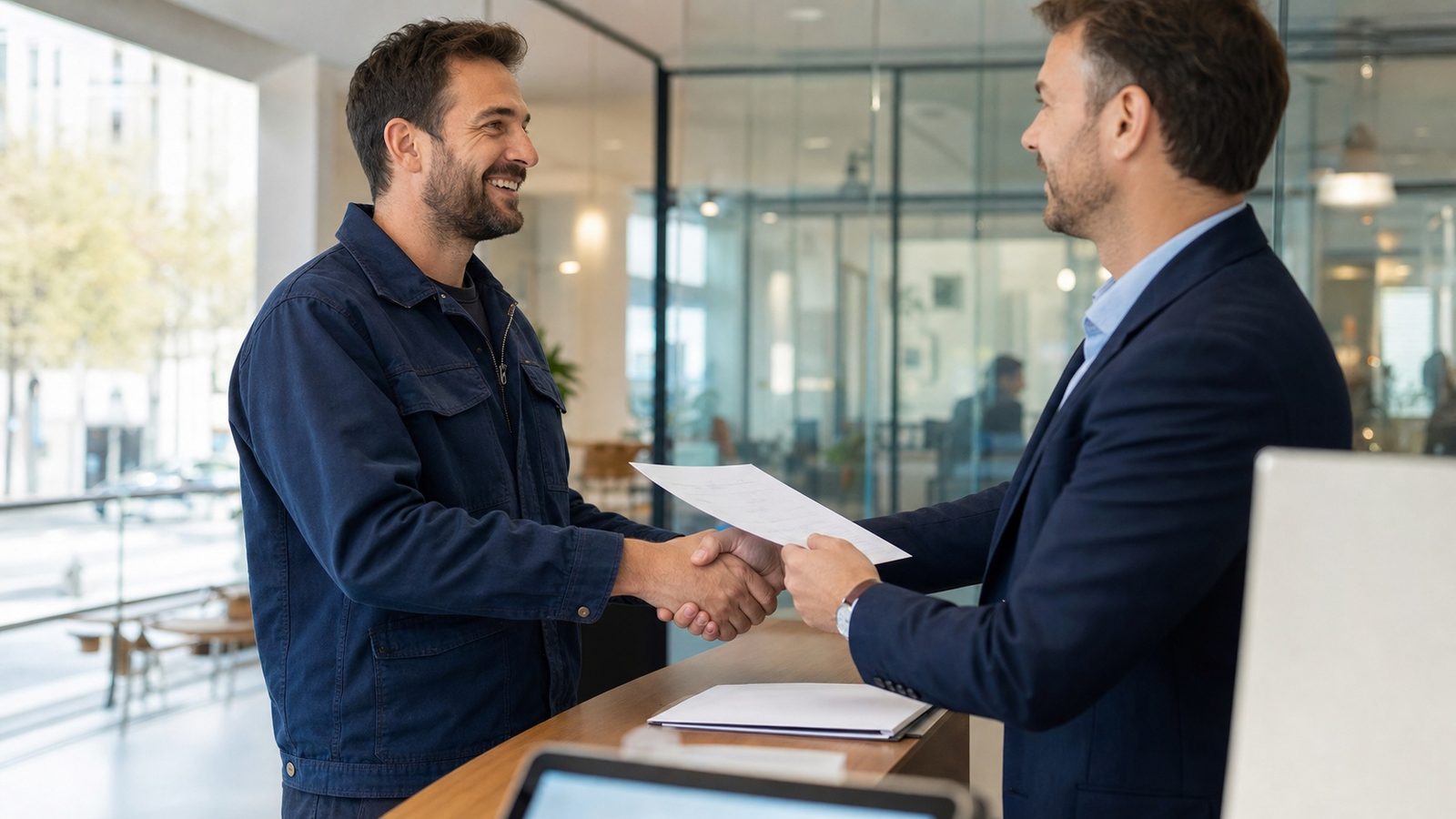 Artisan BTP souriant signant une attestation d'assurance décennale complète avec un conseiller Revital Assurances