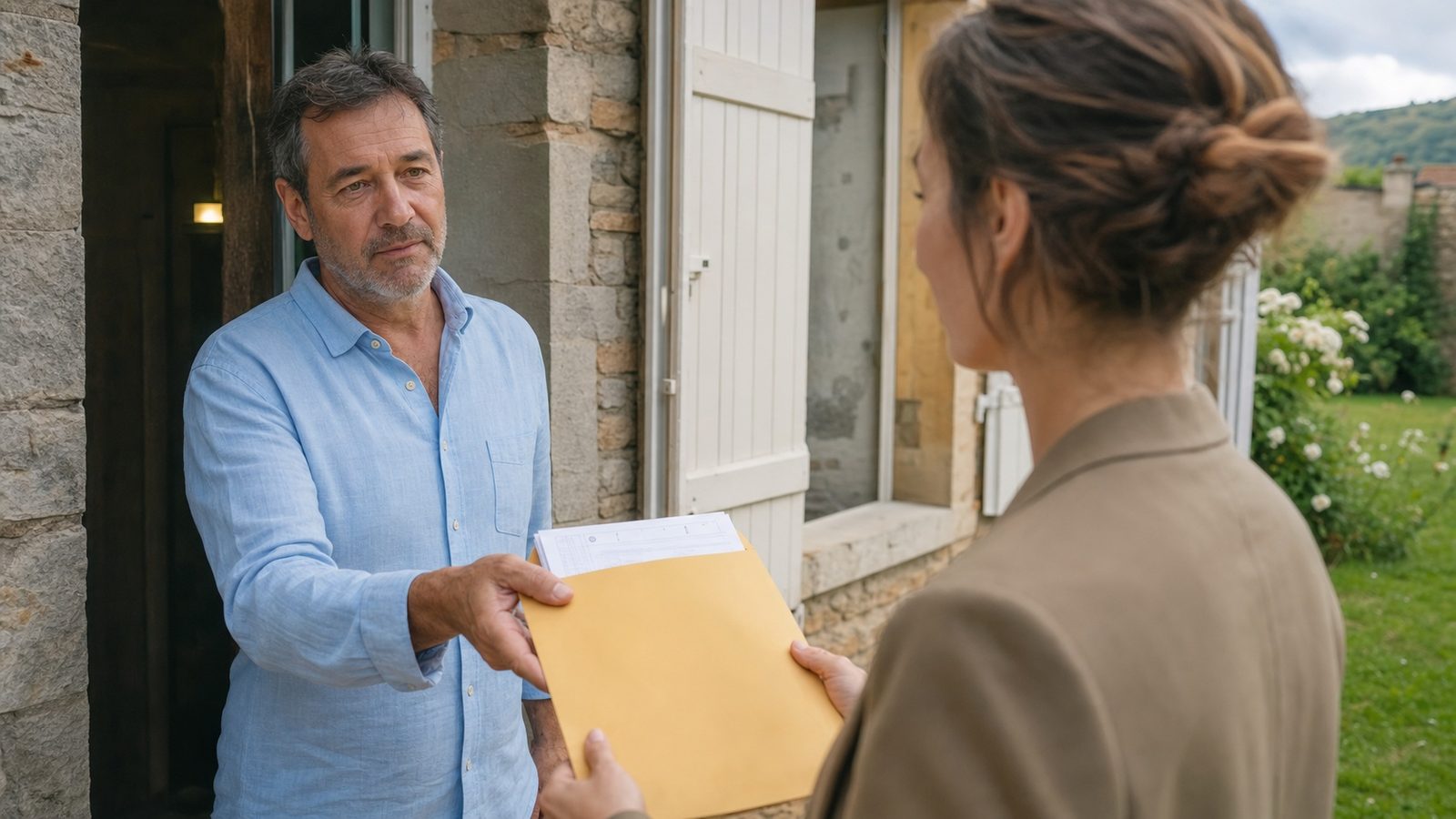 Notaire remettant un acte de vente immobilière à un couple, documents décennale visibles sur le bureau