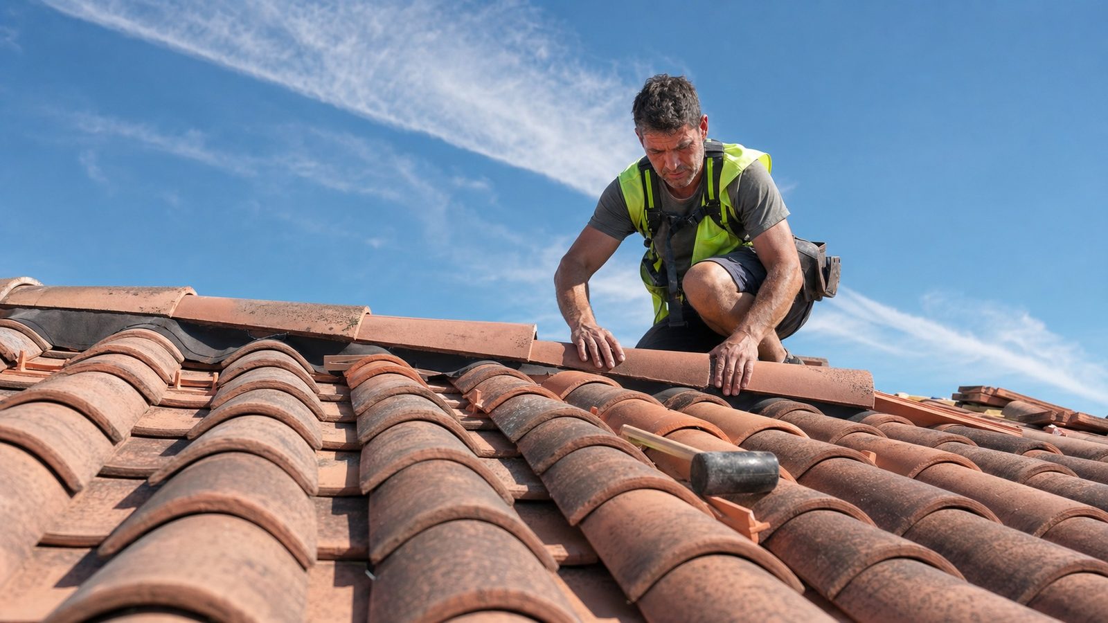 Artisan couvreur en action sur une toiture en tuiles dans le sud de la France, installation d'une nouvelle charpente