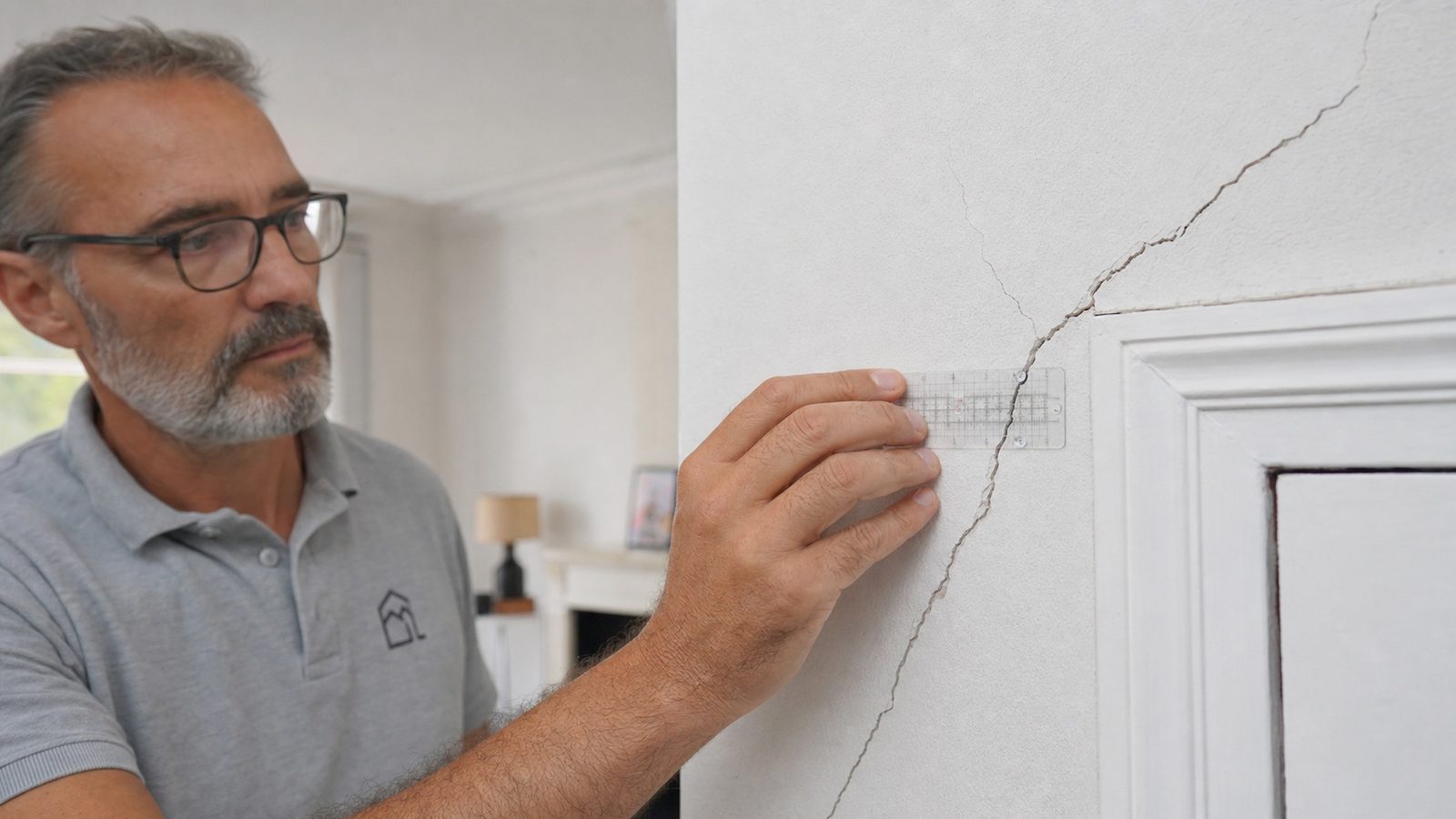 Expert en bâtiment inspectant des fissures structurelles sur un mur d'une maison lors d'un diagnostic avant vente