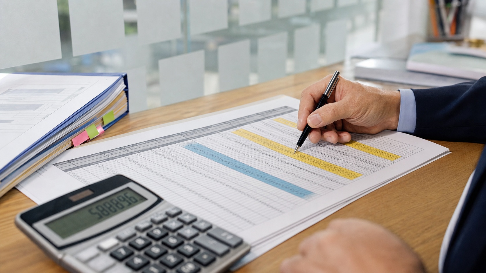 Courtier en assurance présentant un tableau comparatif des garanties homme clé sur un écran d'ordinateur portable dans un bureau moderne