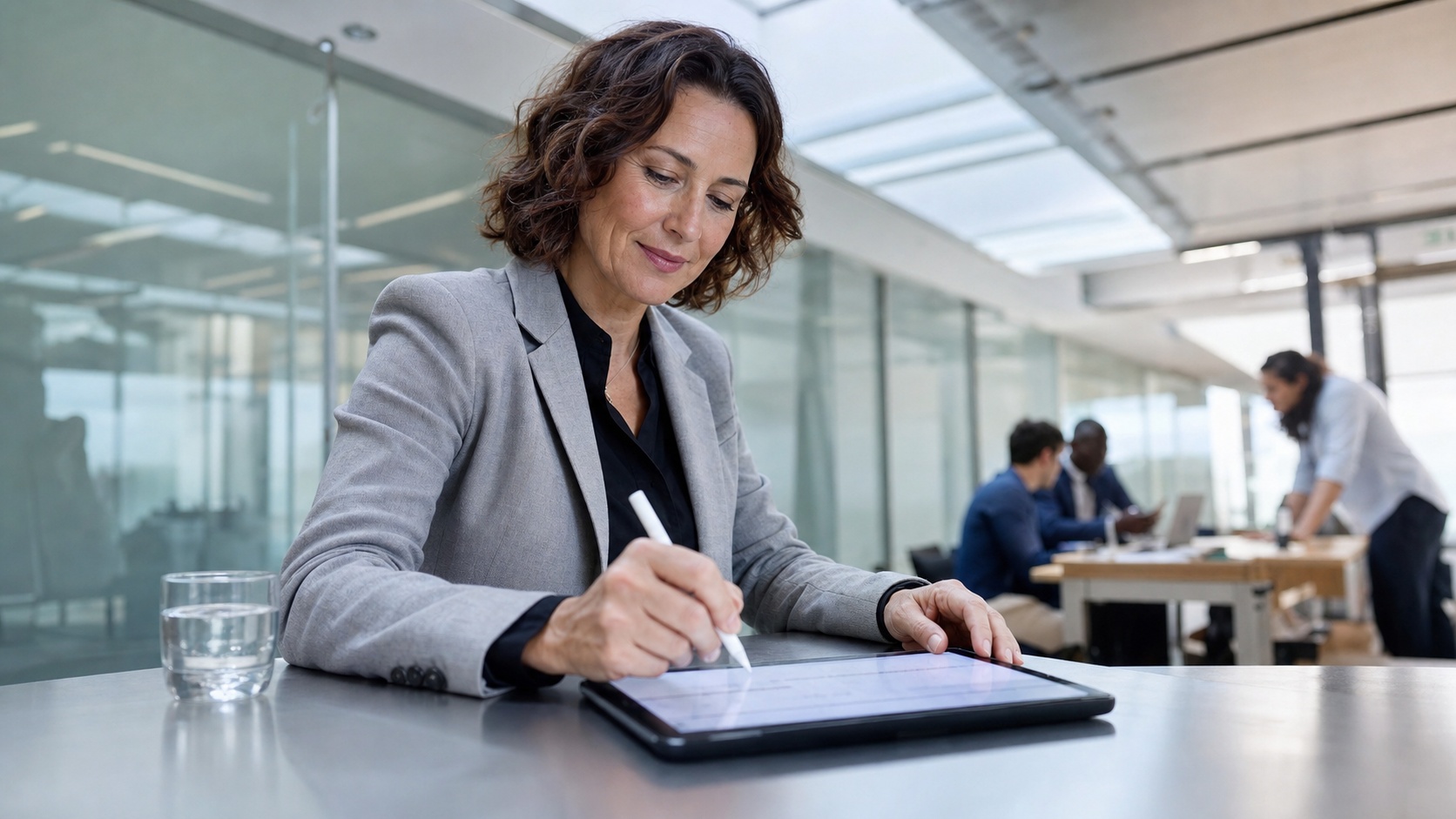 Dirigeante d'entreprise souriant et signant un contrat de garantie homme clé sur tablette numérique, bureau lumineux avec grandes fenêtres