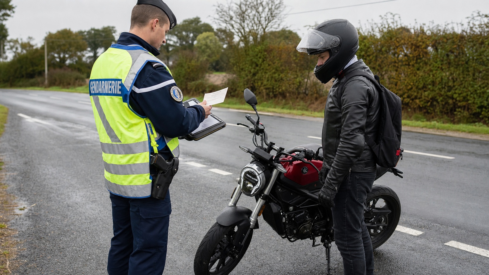 Agent de contrôle routier vérifiant les documents d'assurance d'un motard sur une route française