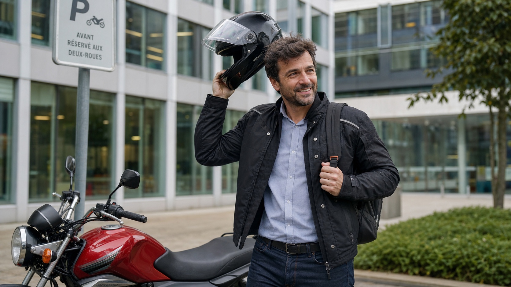 Motard souriant ôtant son casque devant sa moto 125 après un trajet sans encombre en ville