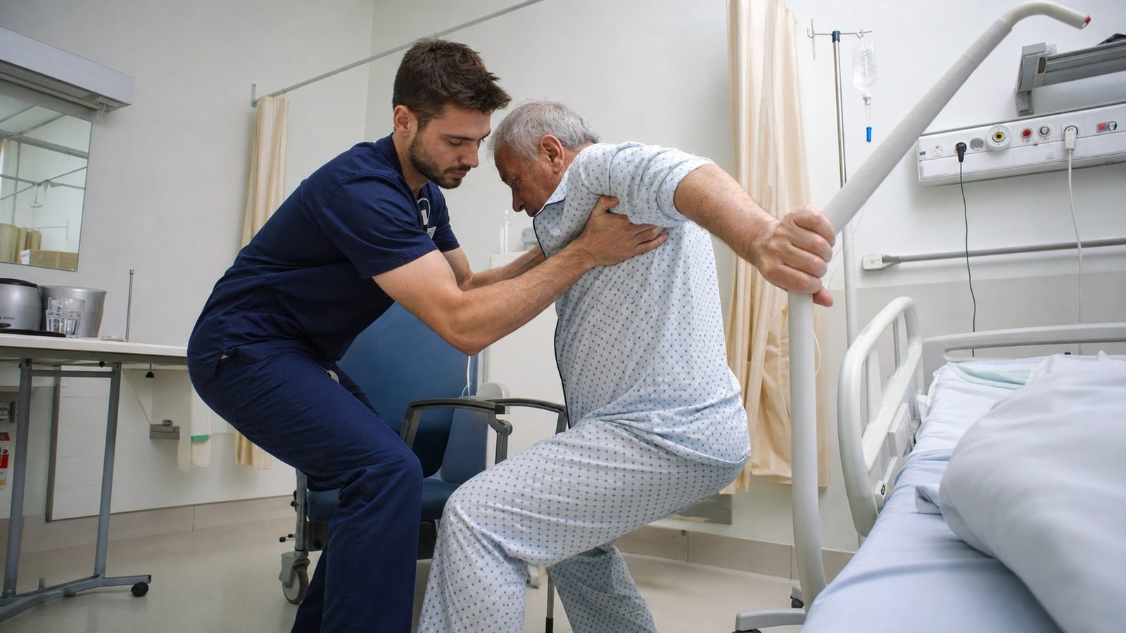 Aide-soignante réalisant des soins d'hygiène auprès d'un patient âgé en chambre médicalisée