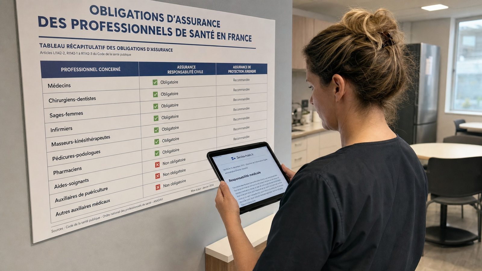 Aide-soignante indépendante consultant ses documents de protection sociale sur tablette
