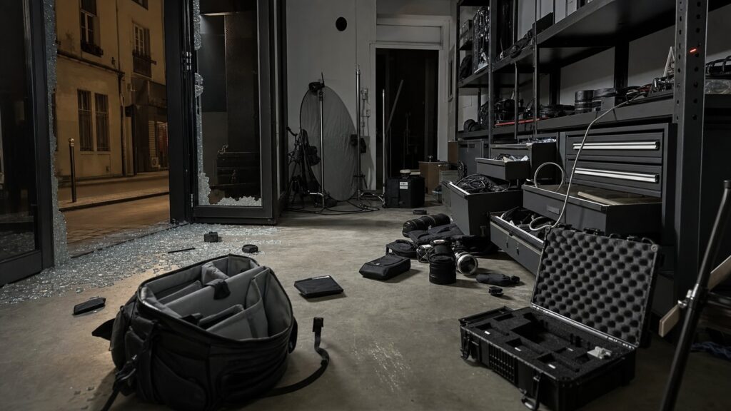 Studio de photographe cambriole la nuit, vitrine brisee et materiel professionnel disparu