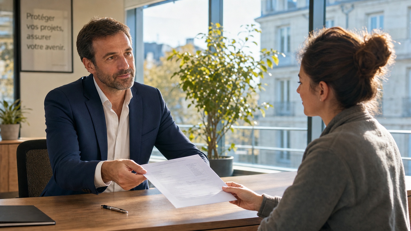 Conseiller en assurance remettant un devis multirisque professionnel à un artisan dans un bureau