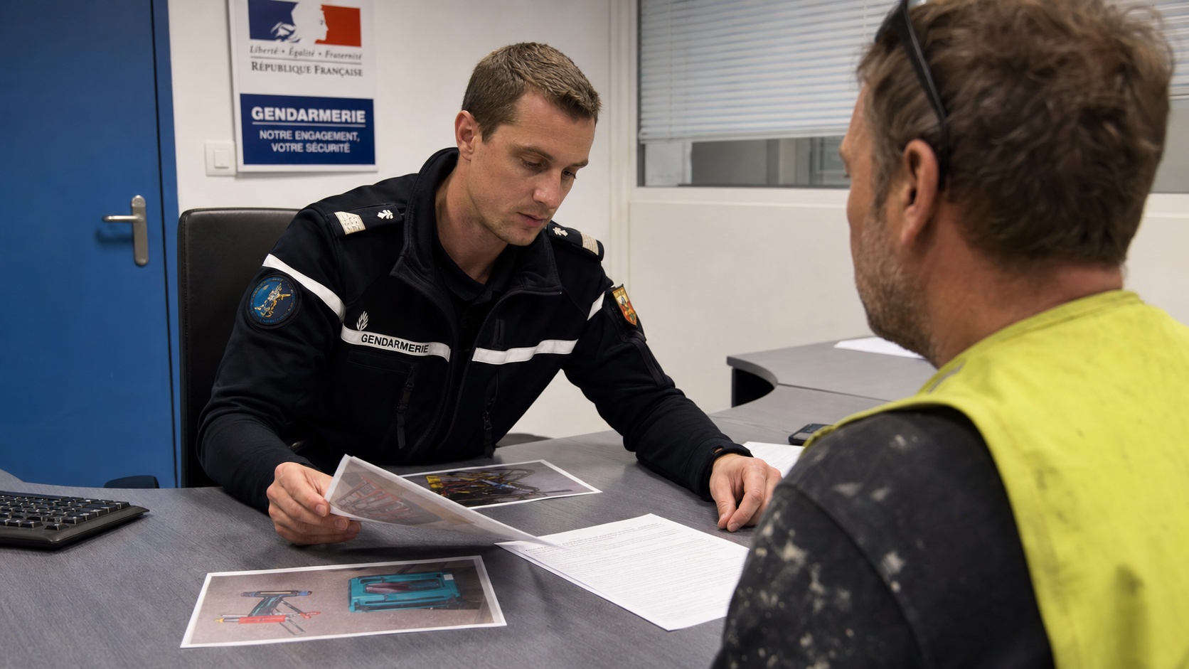 Gendarme réceptionnant une déclaration de vol de matériel professionnel dans une brigade en France