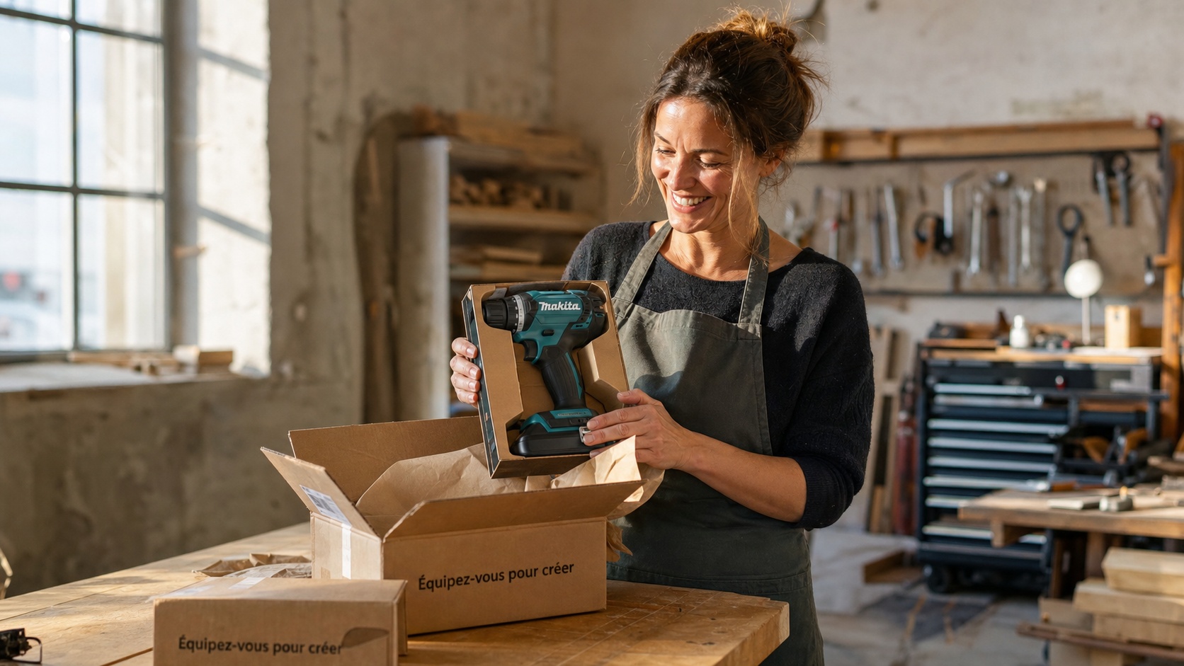 Artisan souriant récupérant son nouveau matériel après indemnisation d'un vol, livraison dans son atelier